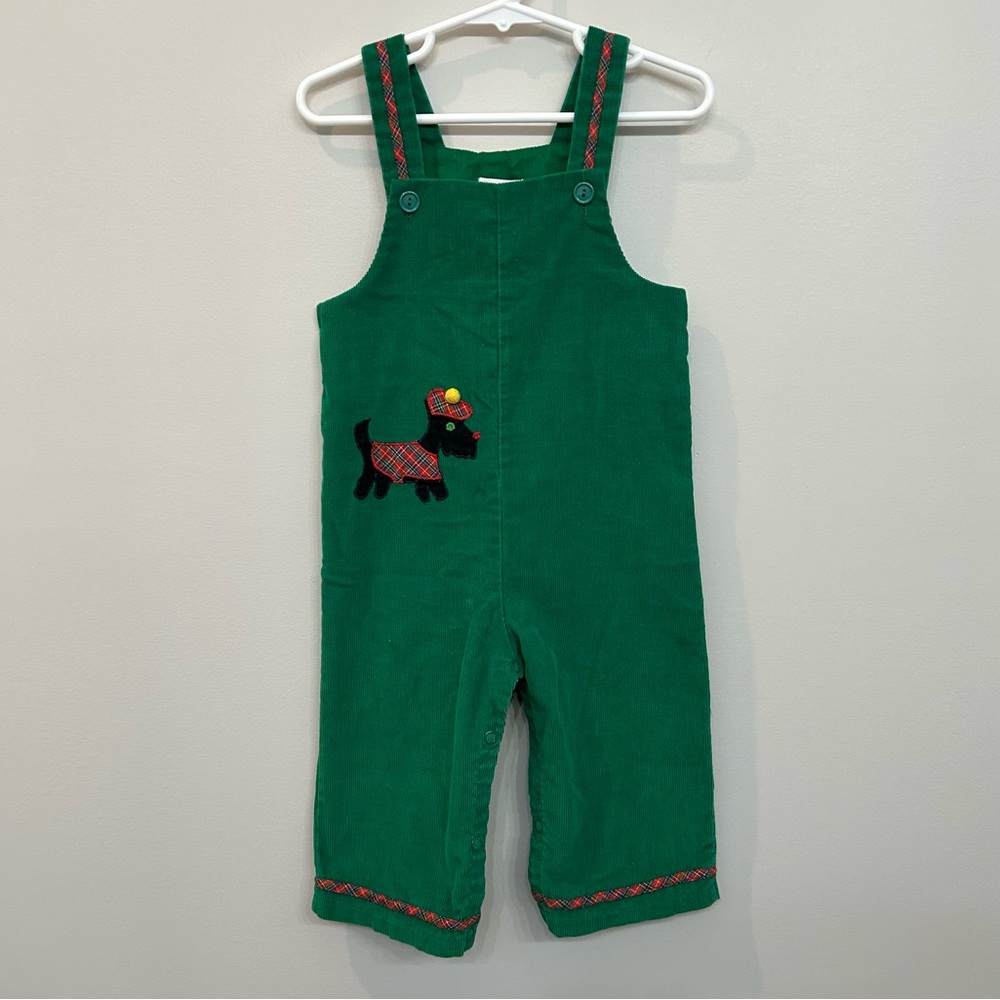 Betti Terell 70s Vintage Corduroy Scotty Dog Green Overalls Size 12-18 months